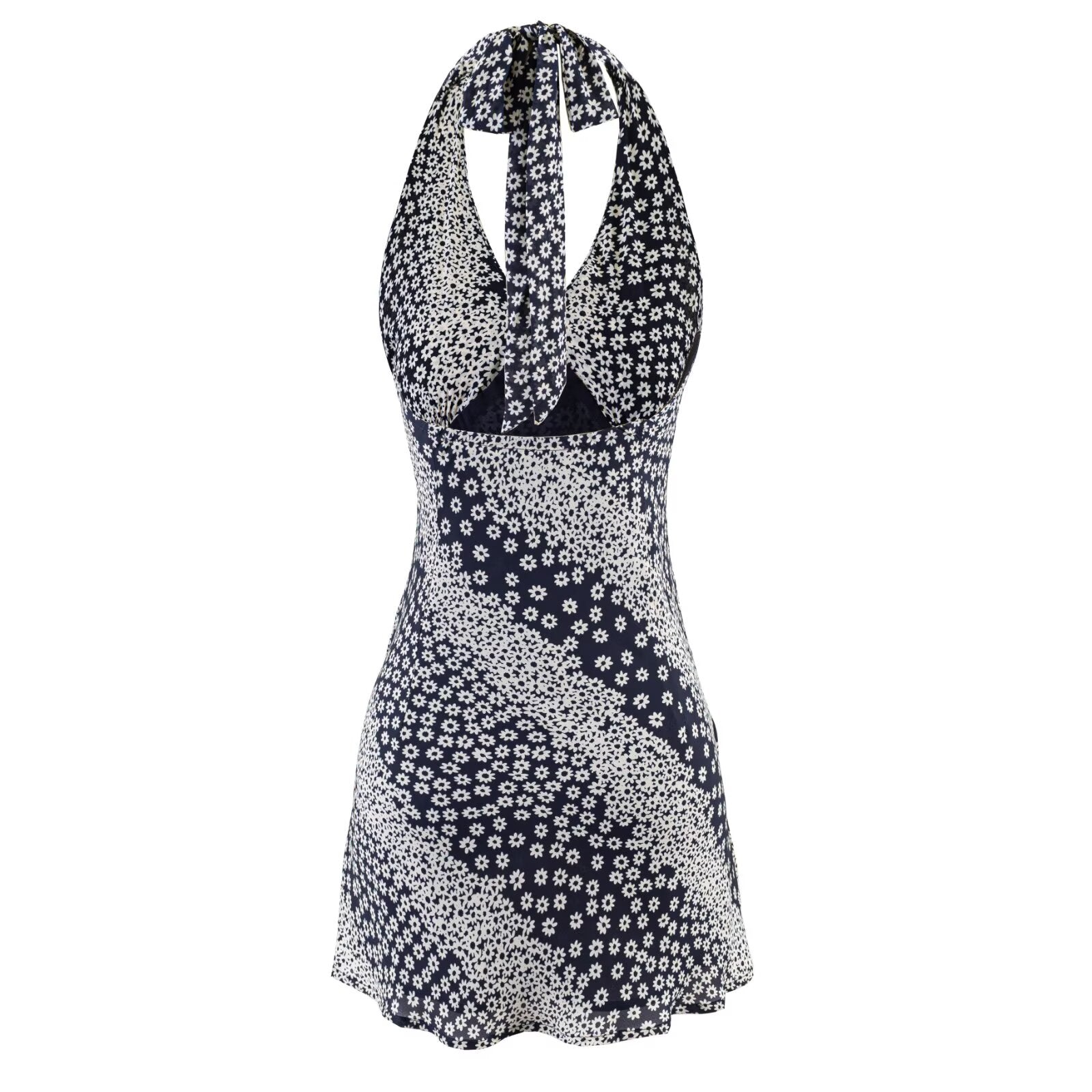 Backless halter dress with open back, sleeveless halter straps, black-and-white floral