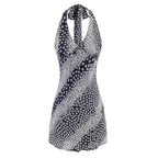Backless halter dress, black-and-white floral print with draped open-back neckline
