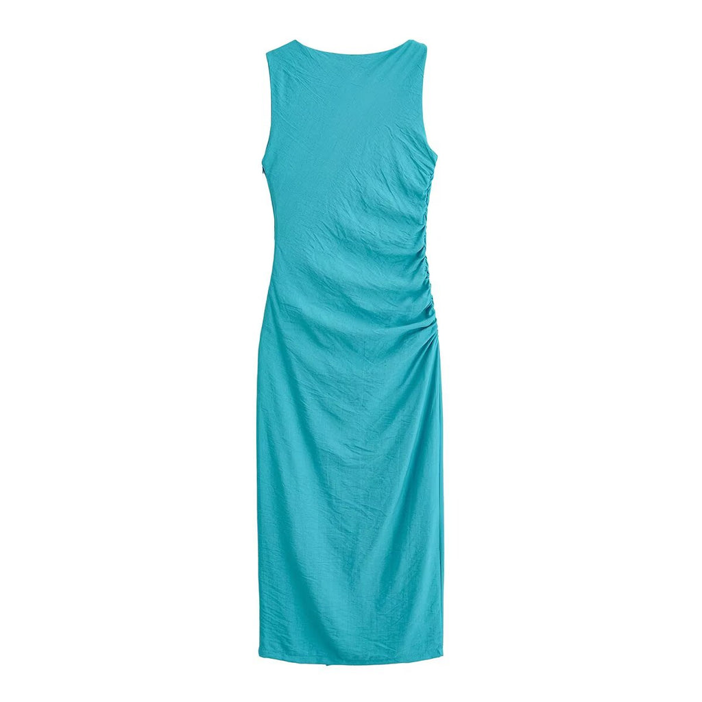 Teal sleeveless midi dress with ruched center and straight skirt