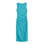 Teal sleeveless midi dress with ruched center and straight skirt
