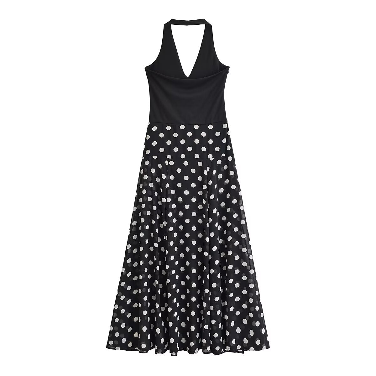 Black sleeveless V-neck dress with white polka dot A-line skirt, midi length