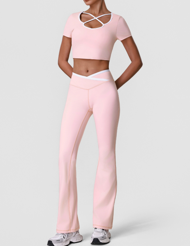 Summer Quick Drying Sports Suit with Chest Pad Top Contrast Color Fitness Short Sleeve Micro Pull Yoga Pants Casual Two Piece Sets