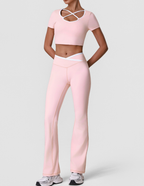 Summer Quick Drying Sports Suit with Chest Pad Top Contrast Color Fitness Short Sleeve Micro Pull Yoga Pants Casual Two Piece Sets