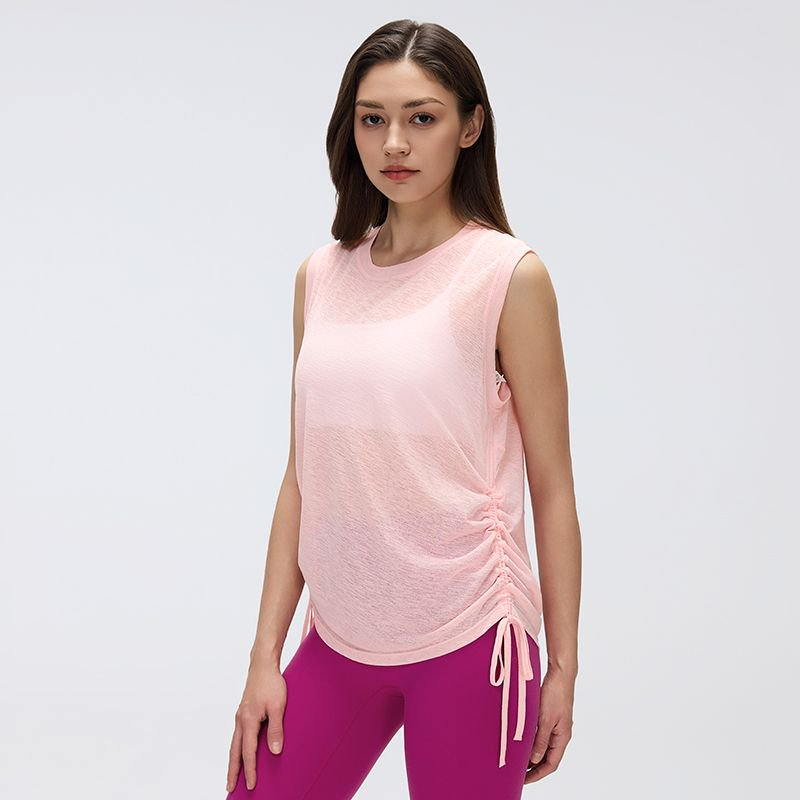 Simple round Neck Sleeveless Sports Vest Women Thin Breathable Side Drawstring Yoga Clothes Blouse Summer