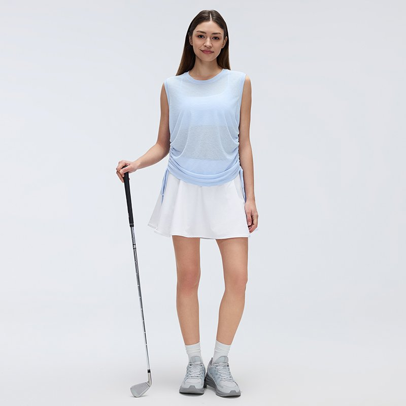 Simple round Neck Sleeveless Sports Vest Women Thin Breathable Side Drawstring Yoga Clothes Blouse Summer