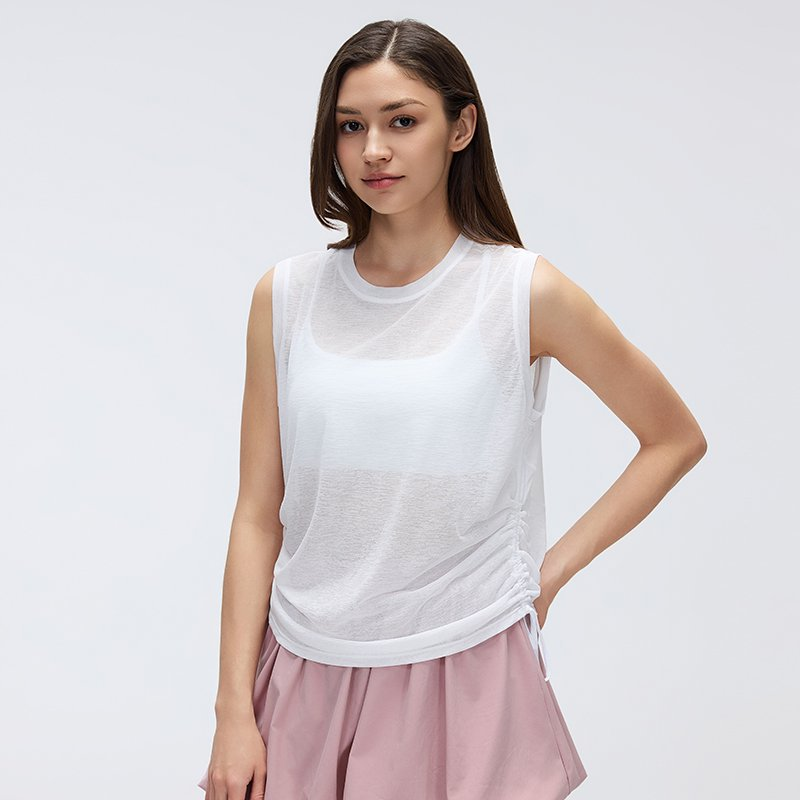 Simple round Neck Sleeveless Sports Vest Women Thin Breathable Side Drawstring Yoga Clothes Blouse Summer