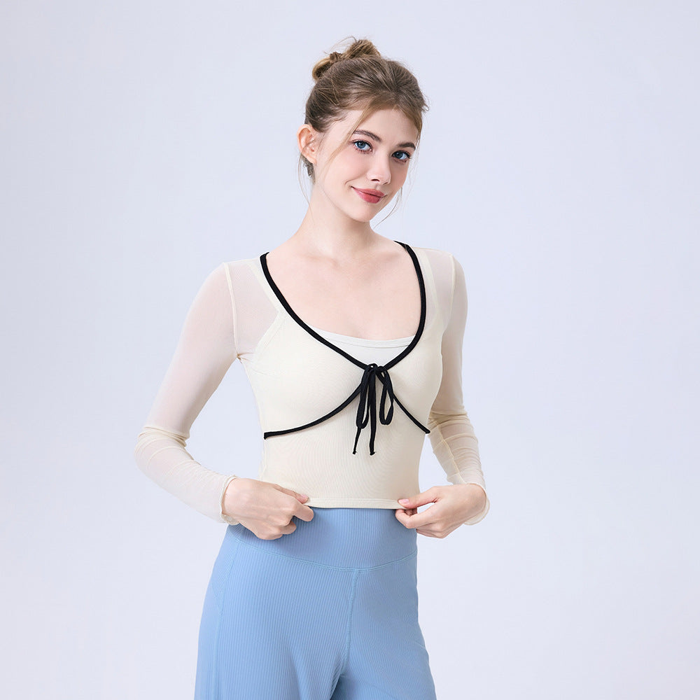 Faux Two Piece Contrast Color Bow Mesh Sports T shirt Women Long Sleeve with Chest Pad Yoga Clothes Top Slimming Workout Clothes(Runs Small)