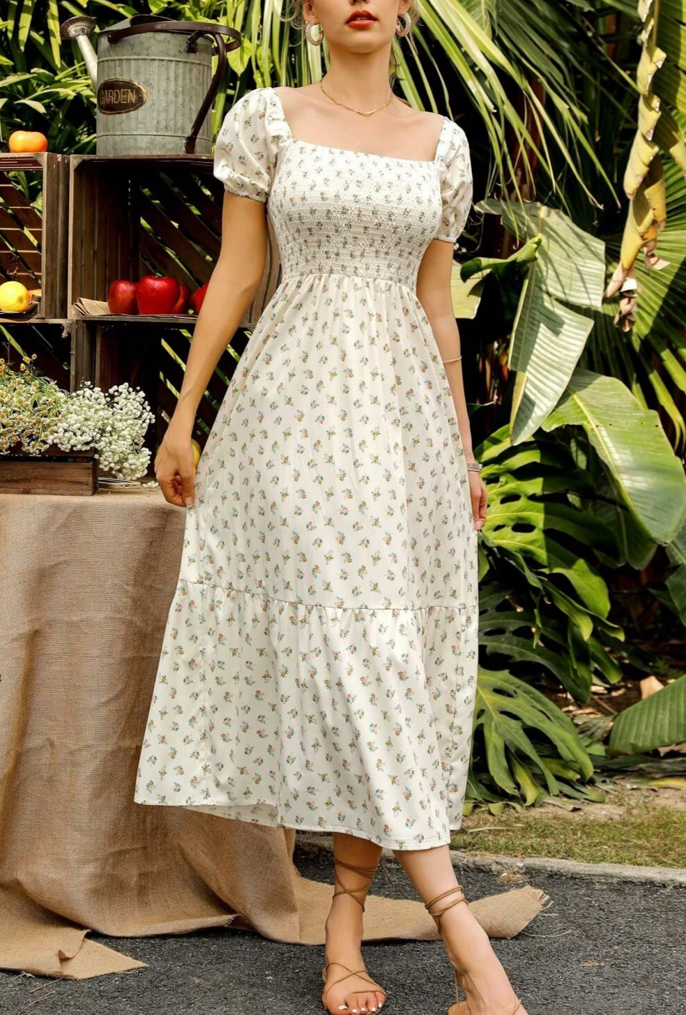Women’s short-sleeve mini dress in cream with tiny floral print, square smocked bodice