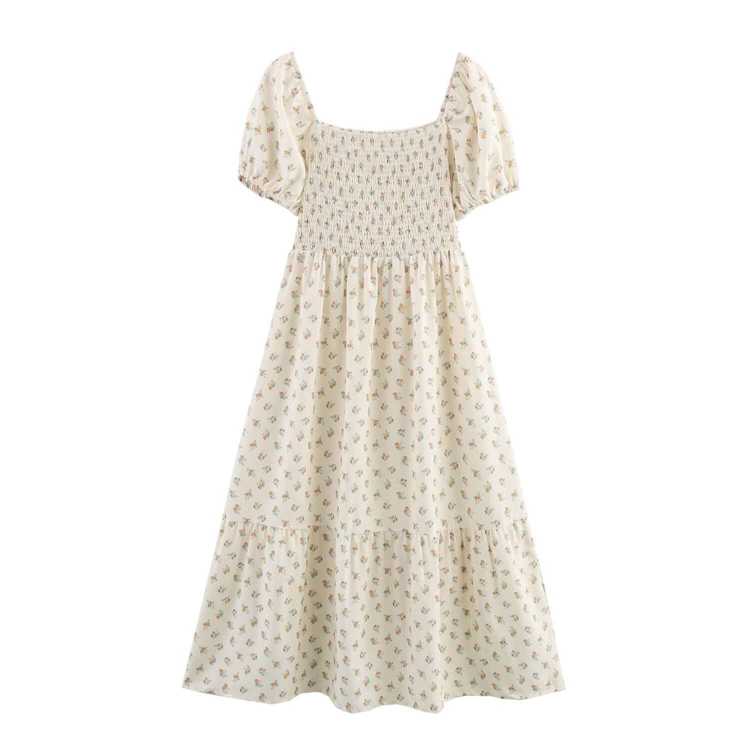Cream short-sleeve dress with square neckline, puff sleeves, smocked waist and tiered skirt