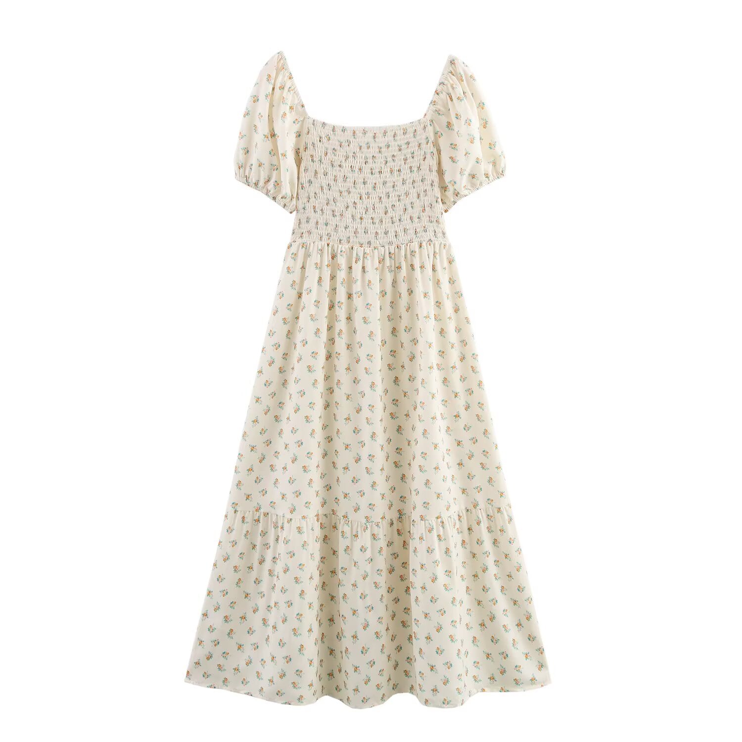 Cream short-sleeve tiered dress with puff sleeves and smocked waist, allover tiny print