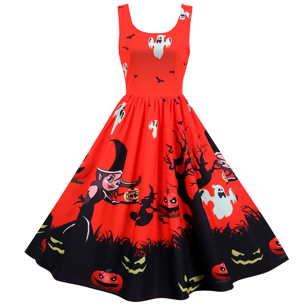 Halloween print sleeveless A-line midi dress