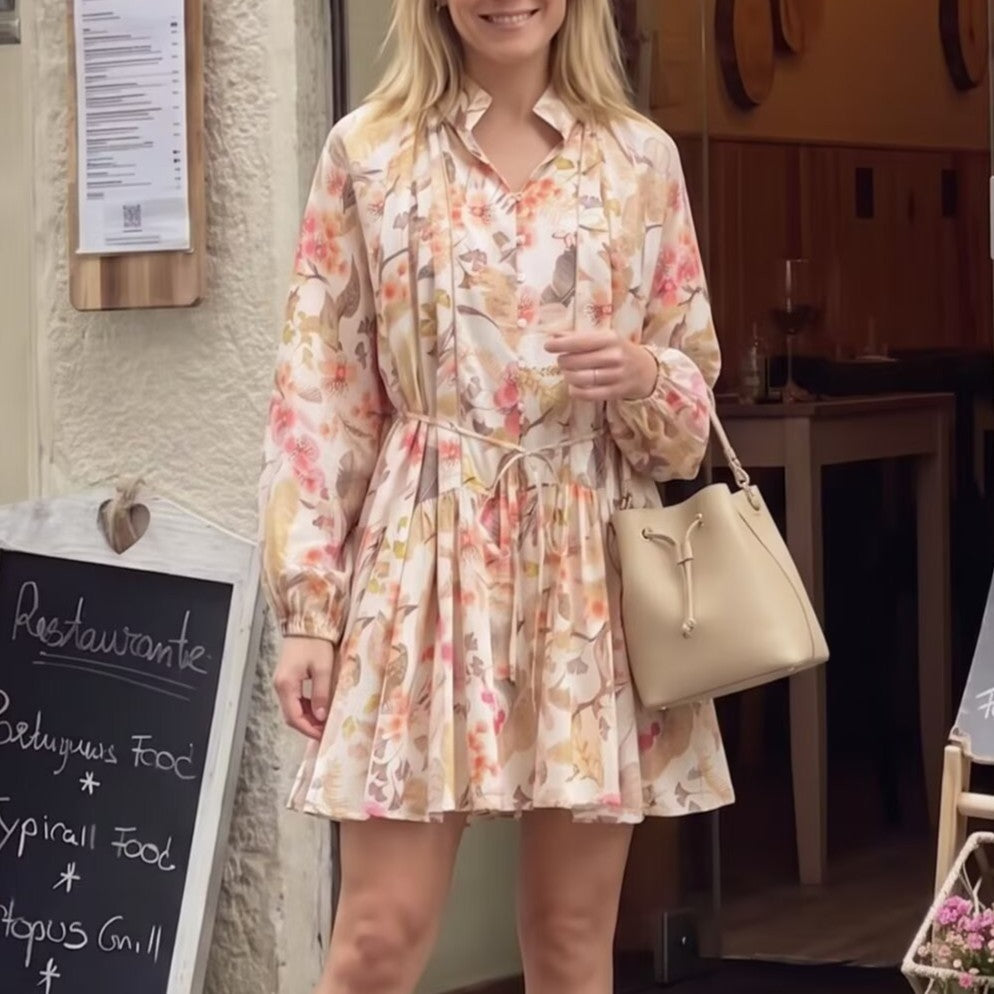 Women’s floral summer dress, long sleeves and tiered skirt, pastel multi print