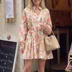 Women’s floral summer dress, long sleeves and tiered skirt, pastel multi print