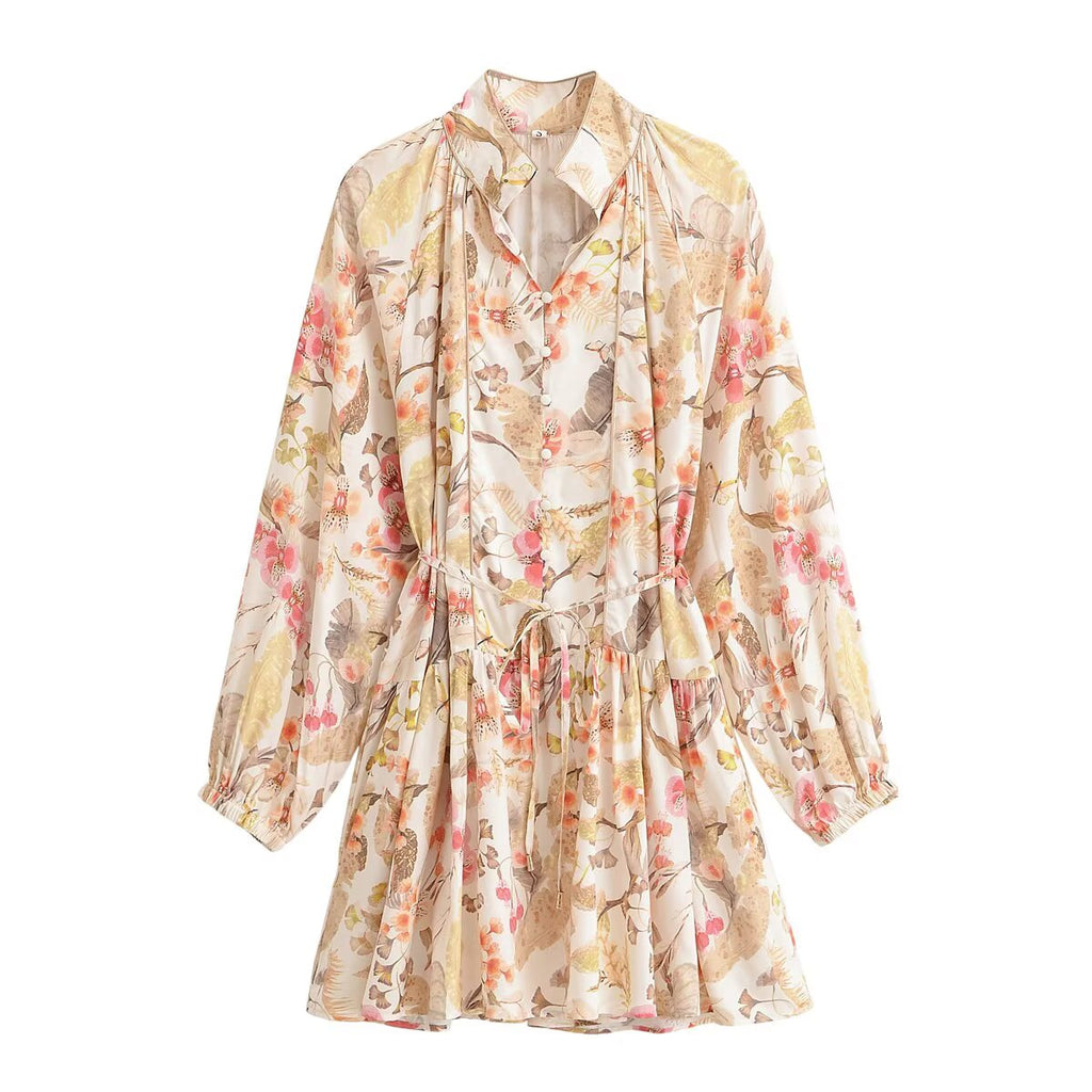 Floral summer dress with long sleeves, button-front, and gathered waist in pastel multi