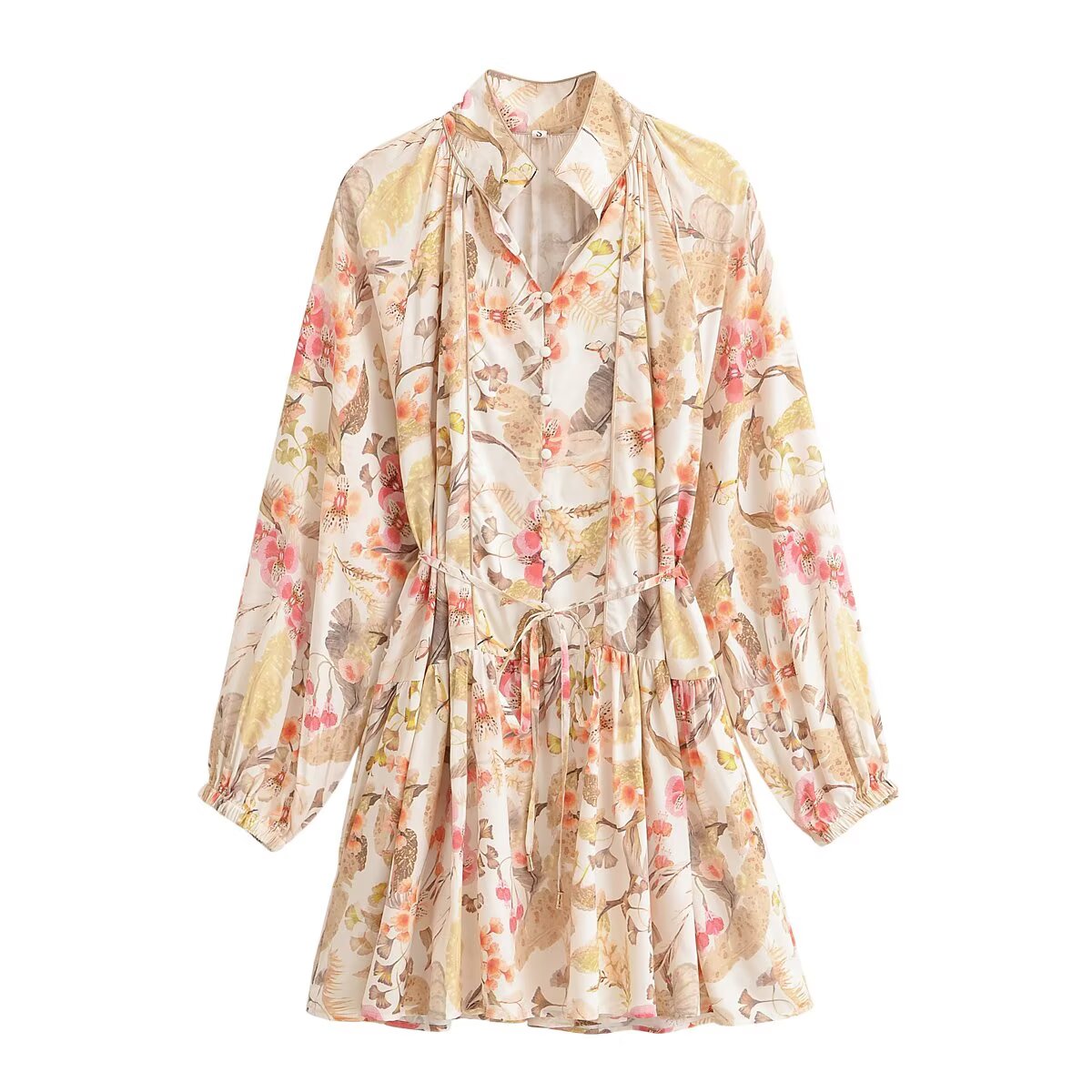 Floral summer dress with long sleeves, button-front, and gathered waist in pastel multi