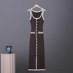 Sleeveless knit maxi dress in dark brown with white trim, striped cuffs, and button front