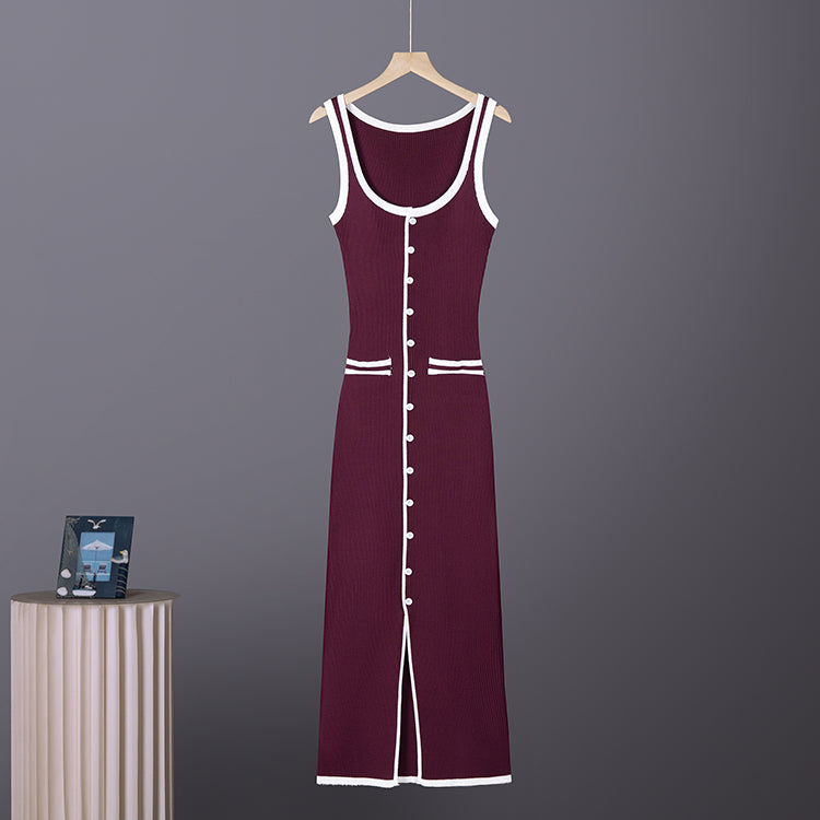 Sleeveless knit maxi dress in burgundy with white trim and button front with stripe accents