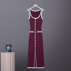 Sleeveless knit maxi dress in burgundy with white trim and button front with stripe accents