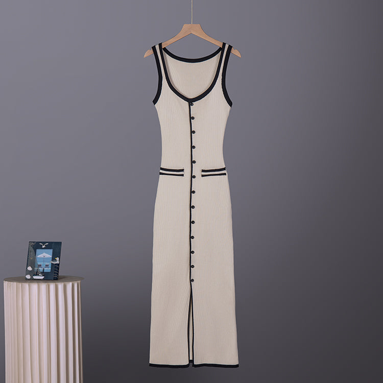 Sleeveless knit maxi dress in ivory with black trim and long button placket