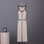 Sleeveless knit maxi dress in ivory with black trim and long button placket