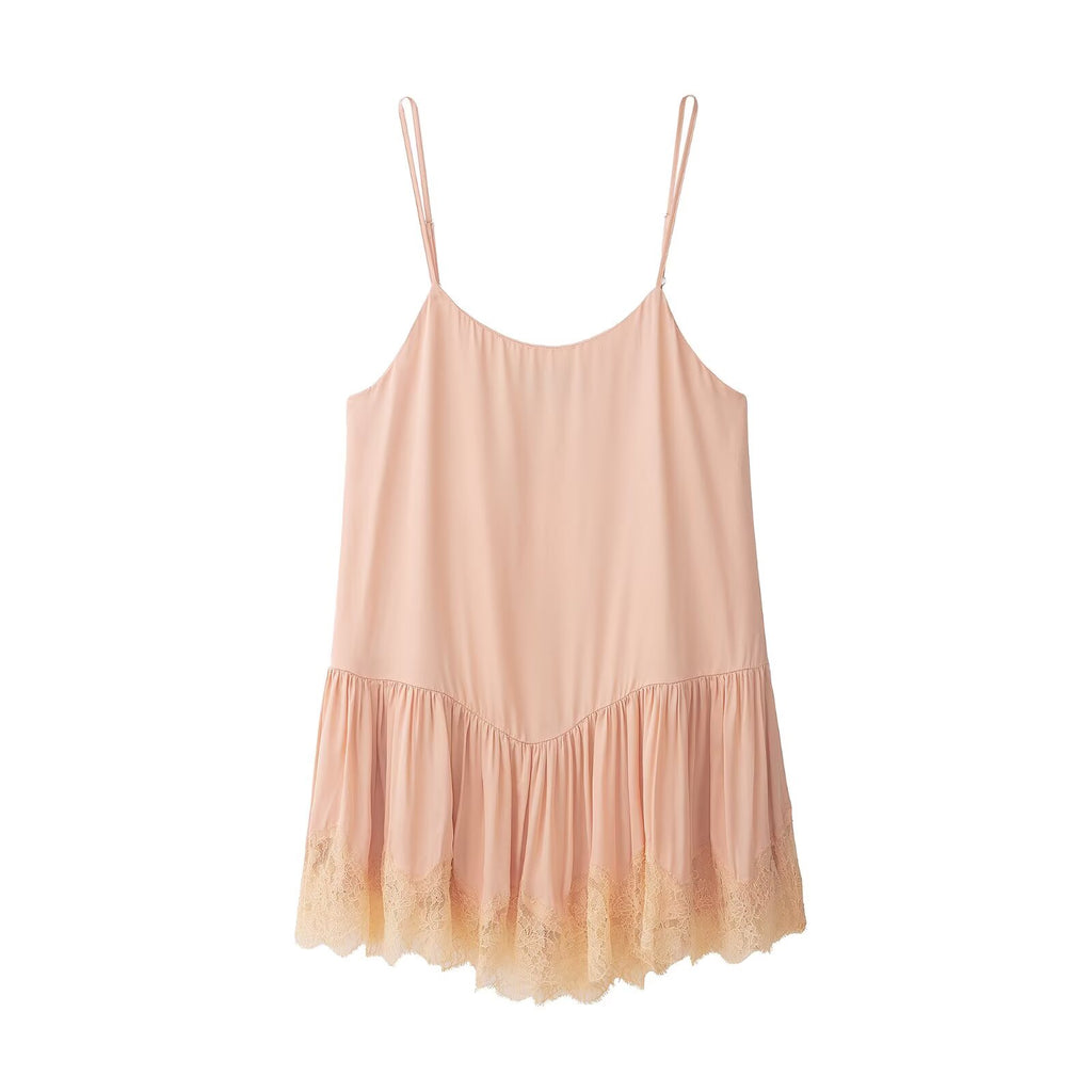 Pink lace-trim slip mini dress with spaghetti straps and ruffled tiered skirt