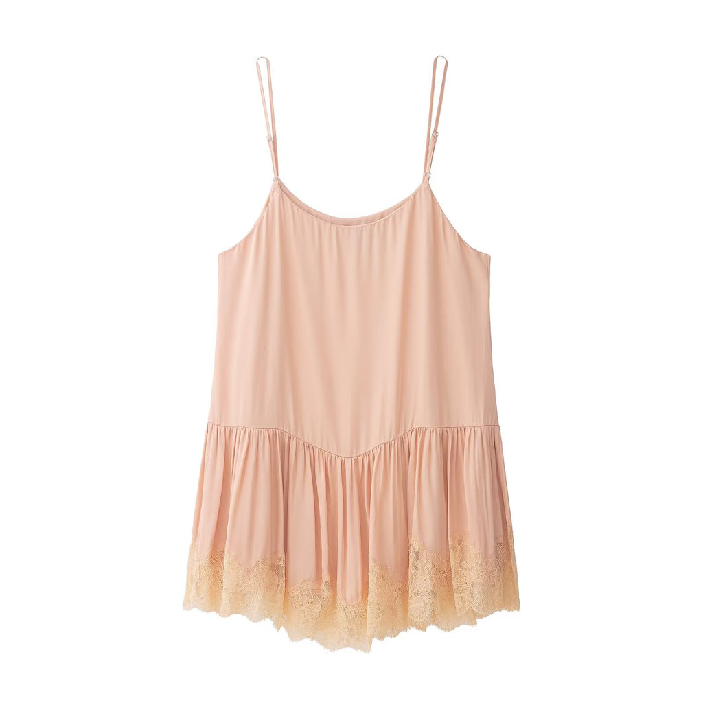Pink satin mini slip dress with thin straps and gathered ruffle lace hem