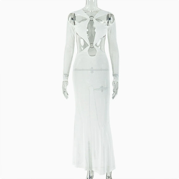 White backless sheath dress with long sleeves and oval cutout back detail