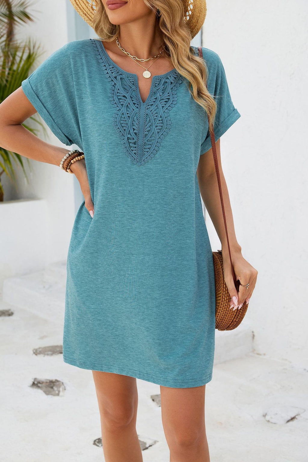 Teal women's lace short-sleeve dress with embroidered keyhole neckline