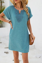 Teal women's lace short-sleeve dress with embroidered keyhole neckline