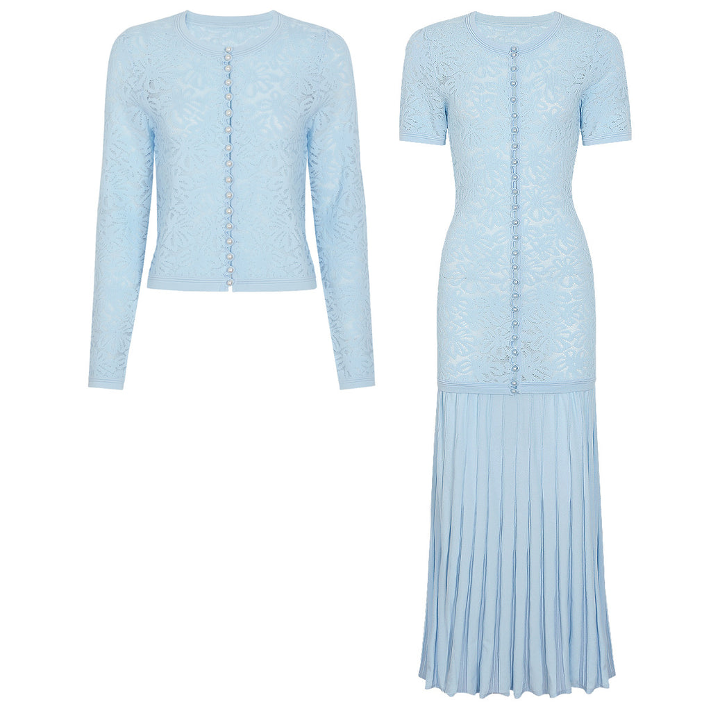 Spring Autumn Hollowed out Embroidered Lightweight Knitted Women Tup Two Piece Set Cardigan Coat