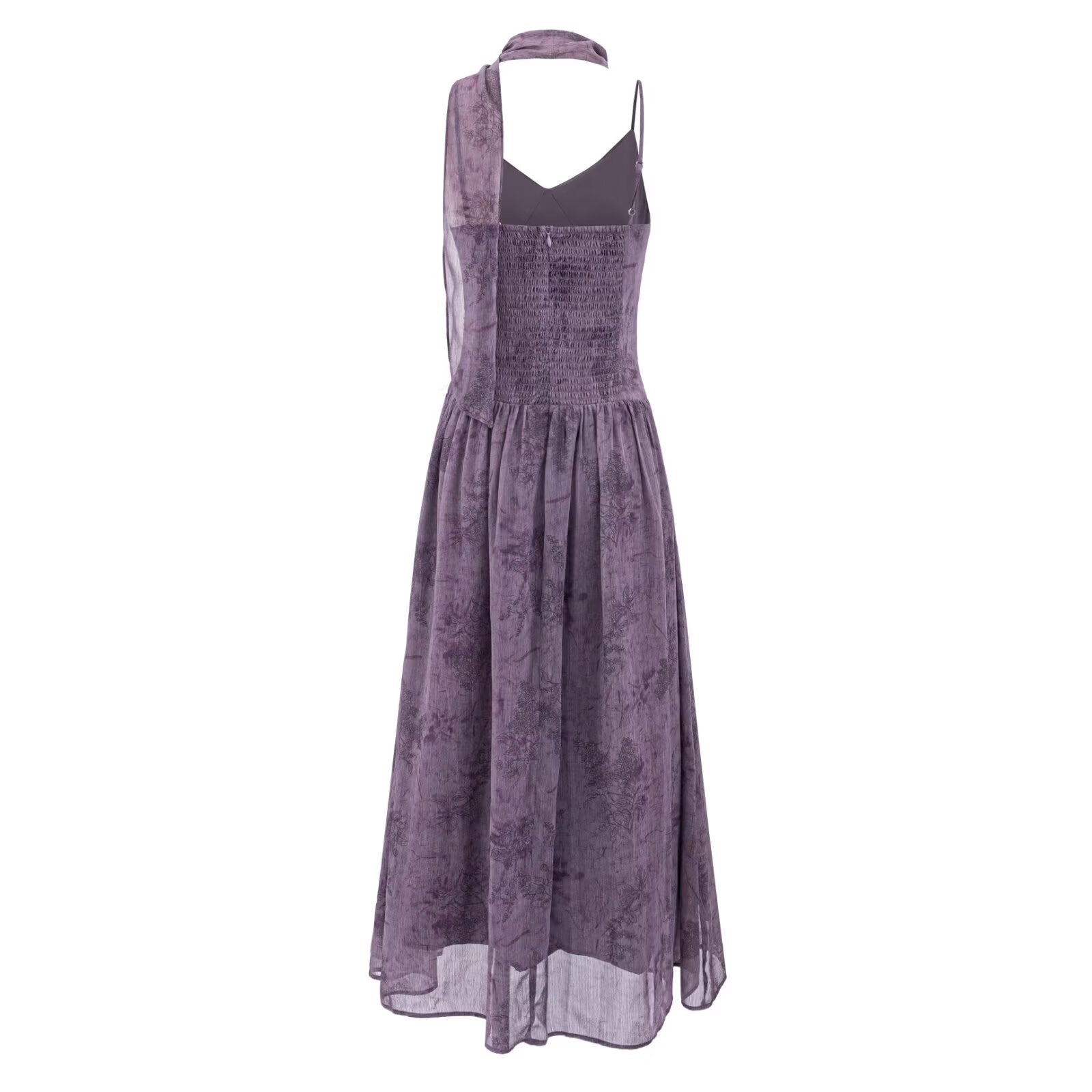 Purple maxi summer dress with spaghetti straps and open back, gathered waist, flared skirt.