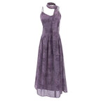 Purple maxi summer dress with spaghetti straps and draped square neckline, gathered waist, flared skirt.