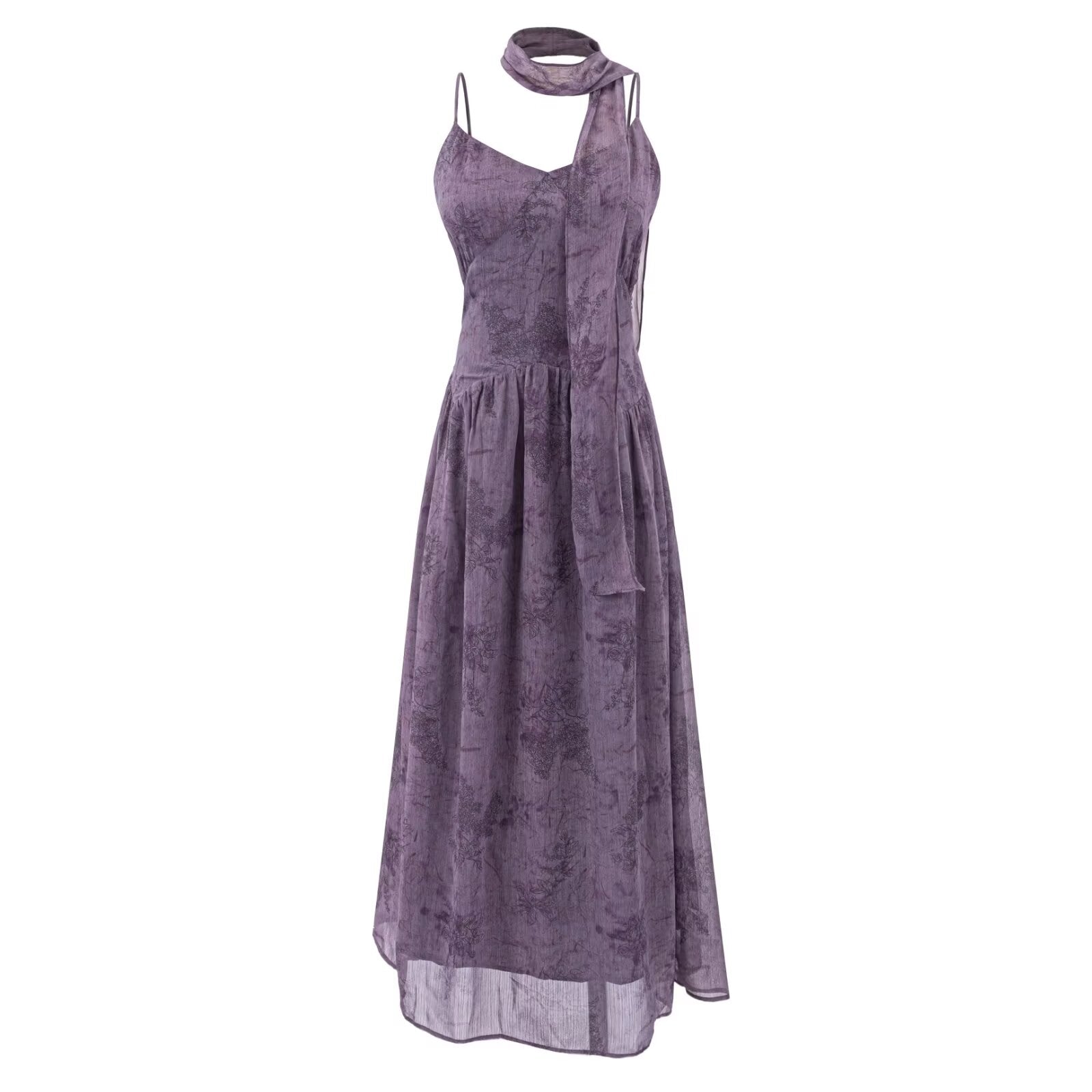 Purple maxi summer dress with spaghetti straps and draped square neckline, gathered waist, flared skirt.