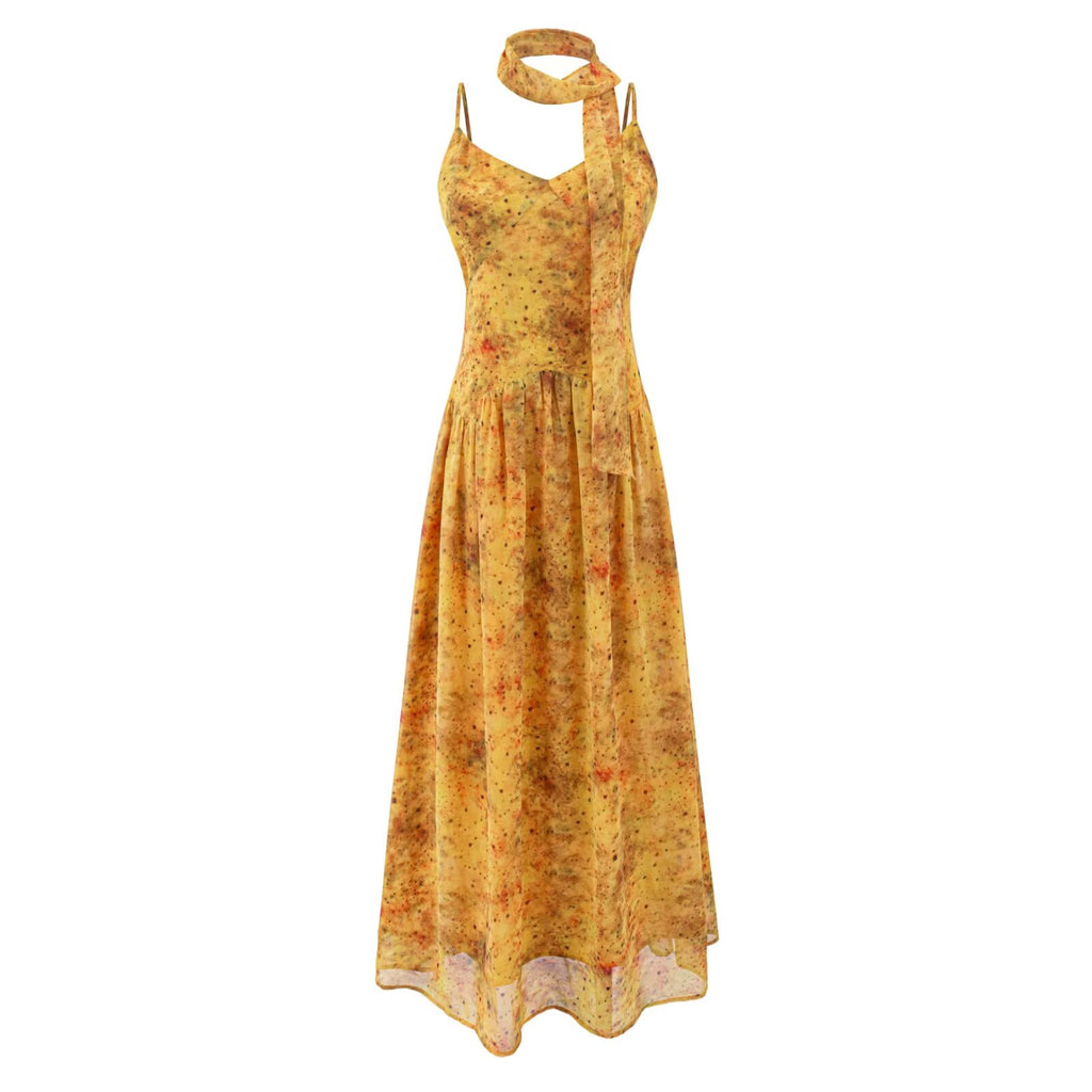 Yellow maxi summer dress with spaghetti straps, square neckline, gathered waist, flared skirt.