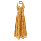 Yellow maxi summer dress with spaghetti straps, square neckline, gathered waist, tiered hem.
