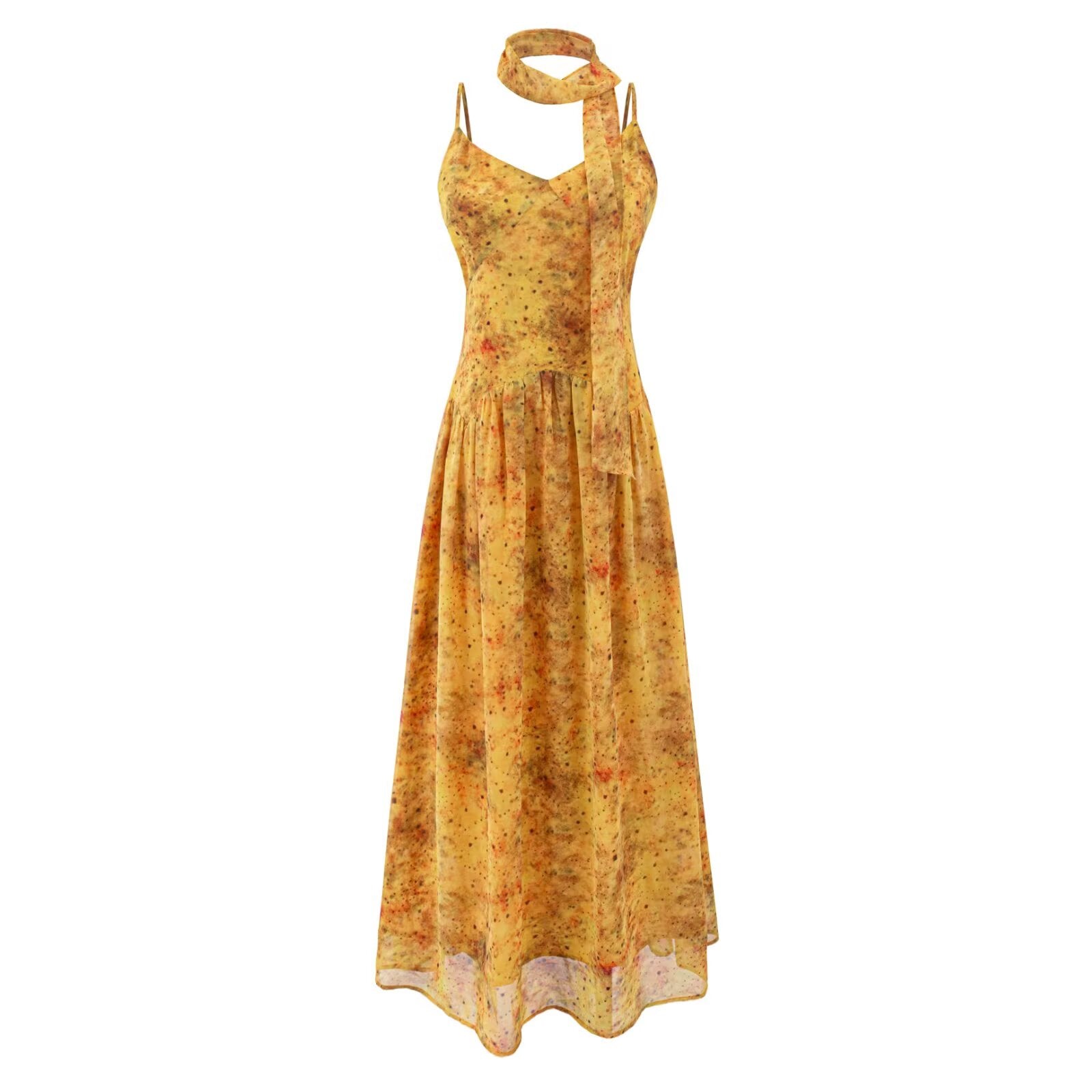 Yellow maxi summer dress with spaghetti straps, square neckline, gathered waist, tiered hem.