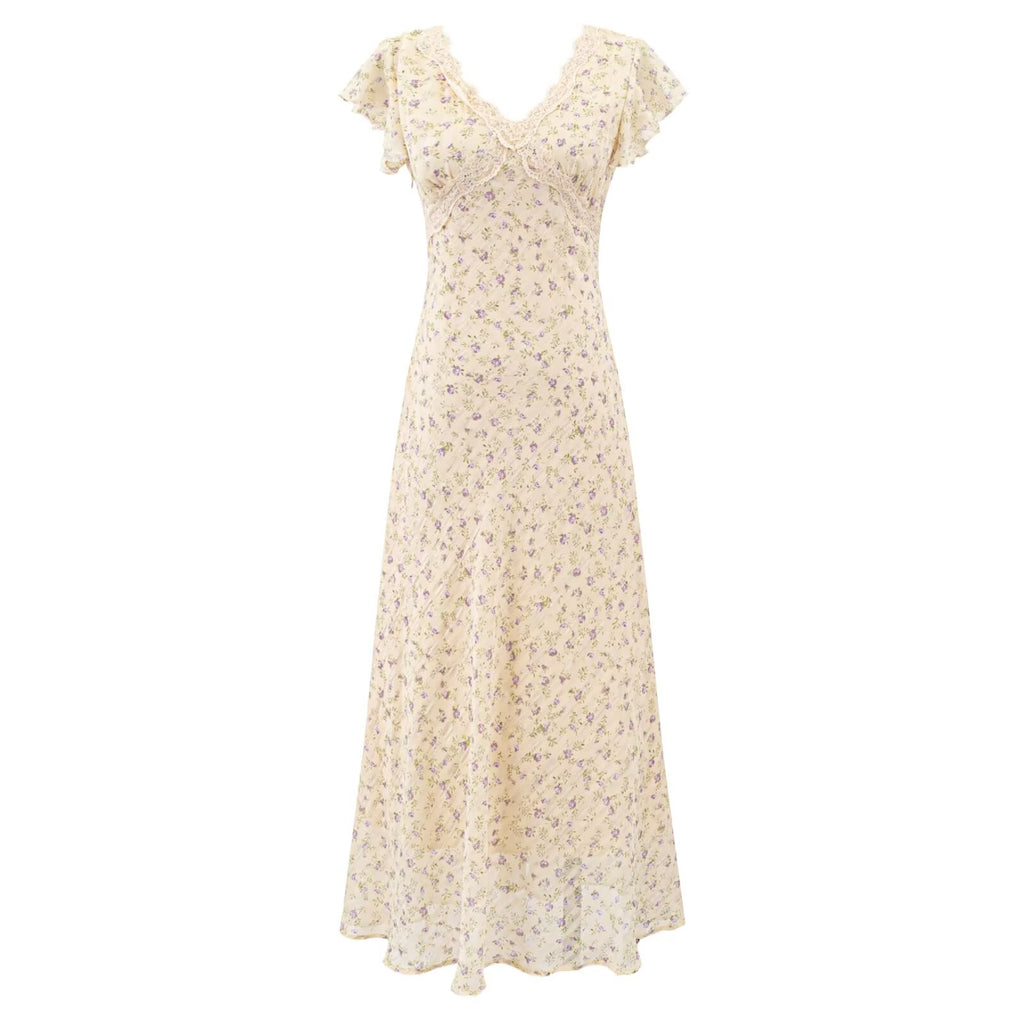 Beige lace floral midi dress with V-neck and short flutter sleeves