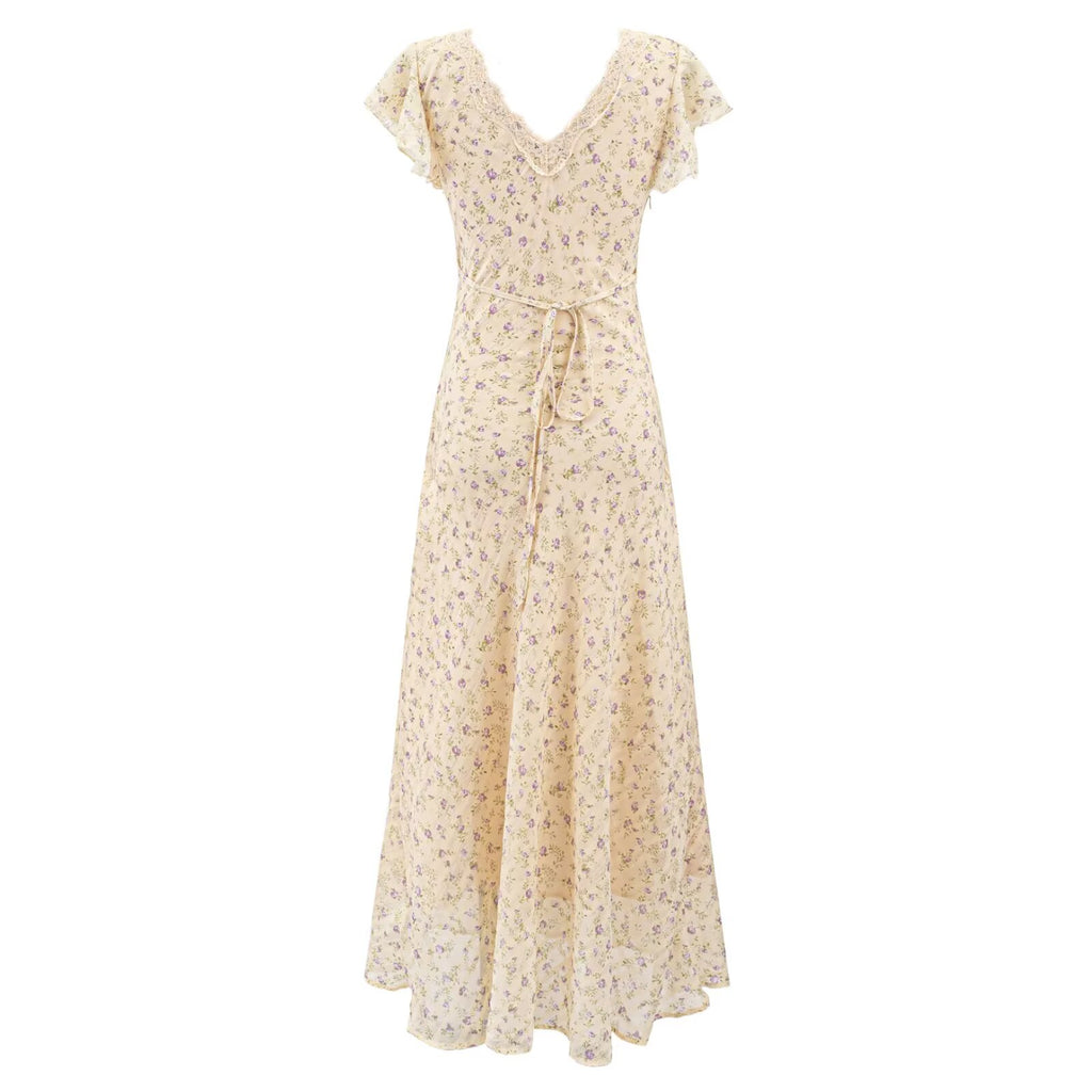 Beige lace floral midi dress with V-neck, short sleeves, and tied waist