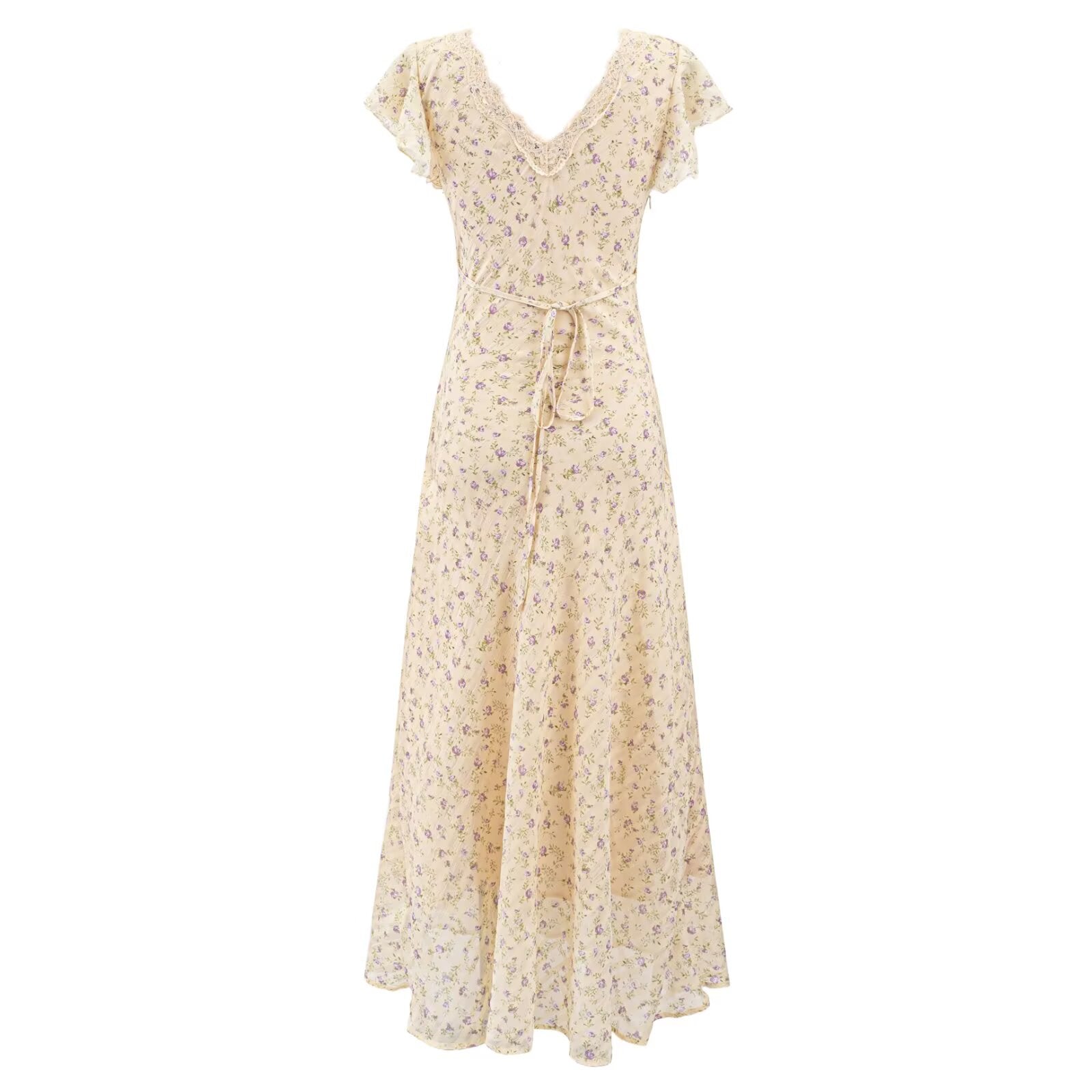 Beige lace floral midi dress with V-neck, short sleeves, and tied waist