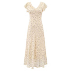 Beige lace floral midi dress with V-neck and flutter sleeves