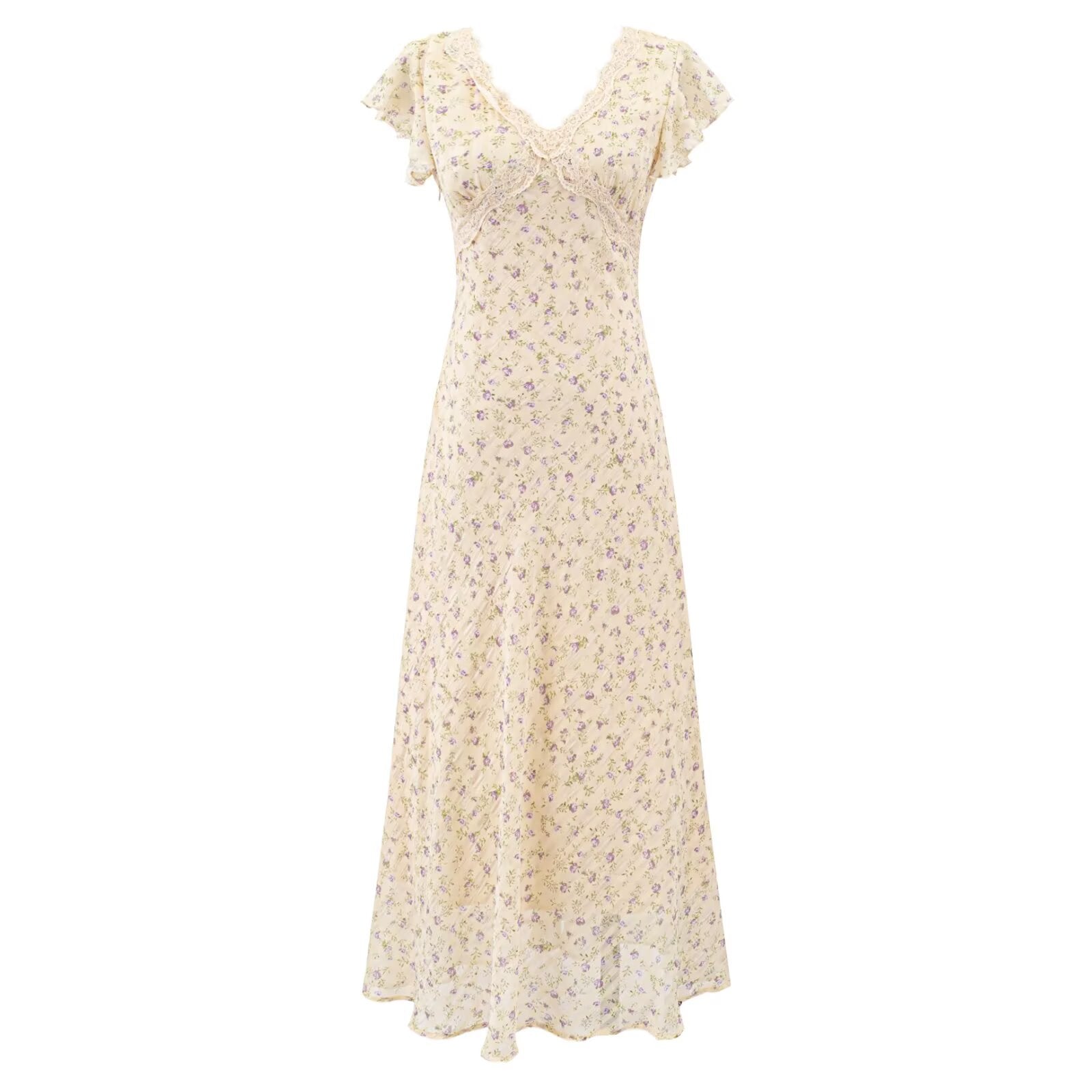 Beige lace floral midi dress with V-neck and flutter sleeves
