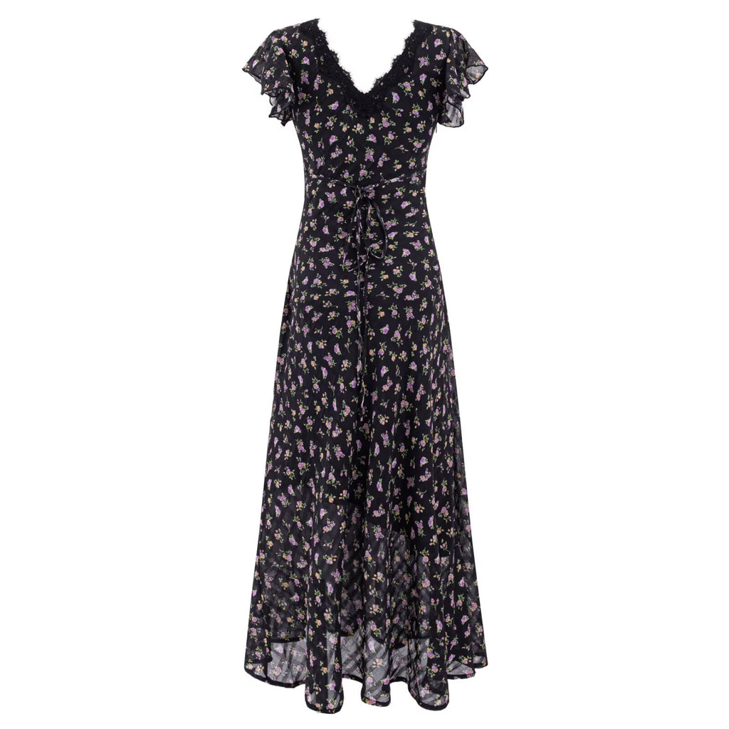Black lace floral midi dress with V-neck, ruffled sleeves, and waist tie