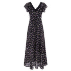 Black lace floral midi dress with V-neck, ruffled sleeves, and waist tie