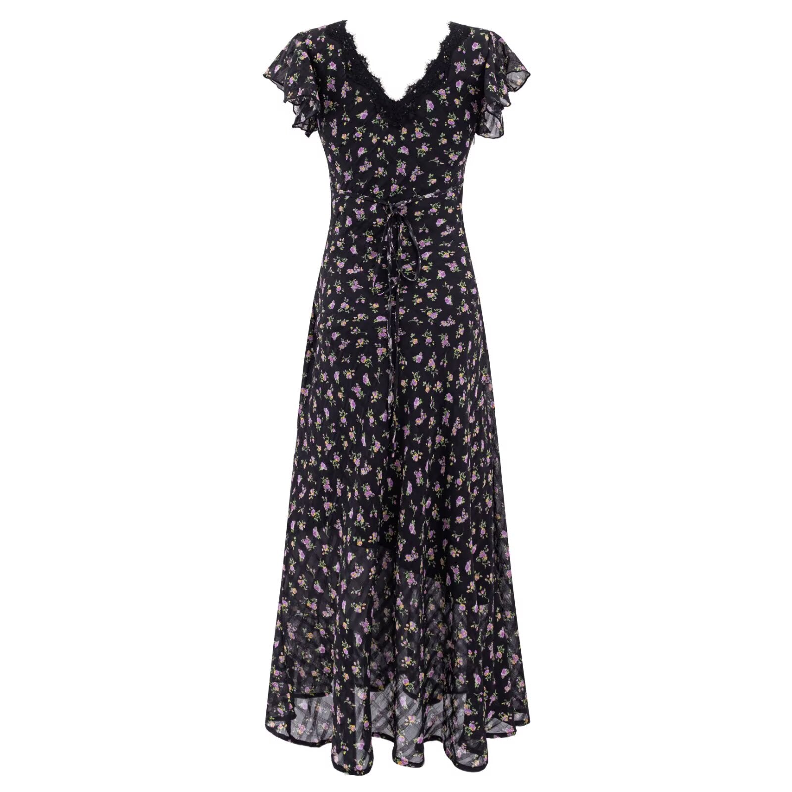 Black lace floral midi dress with V-neck, ruffled sleeves, and waist tie