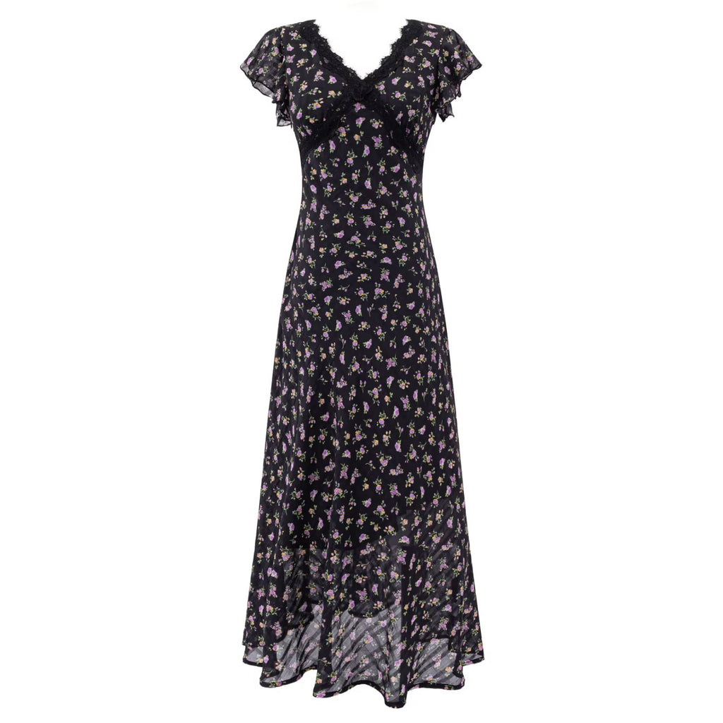 Black lace floral midi dress with V-neck and full gathered skirt