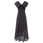 Black lace floral midi dress with V-neck and full gathered skirt