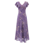 Purple lace floral midi dress with V-neck and short ruffled sleeves