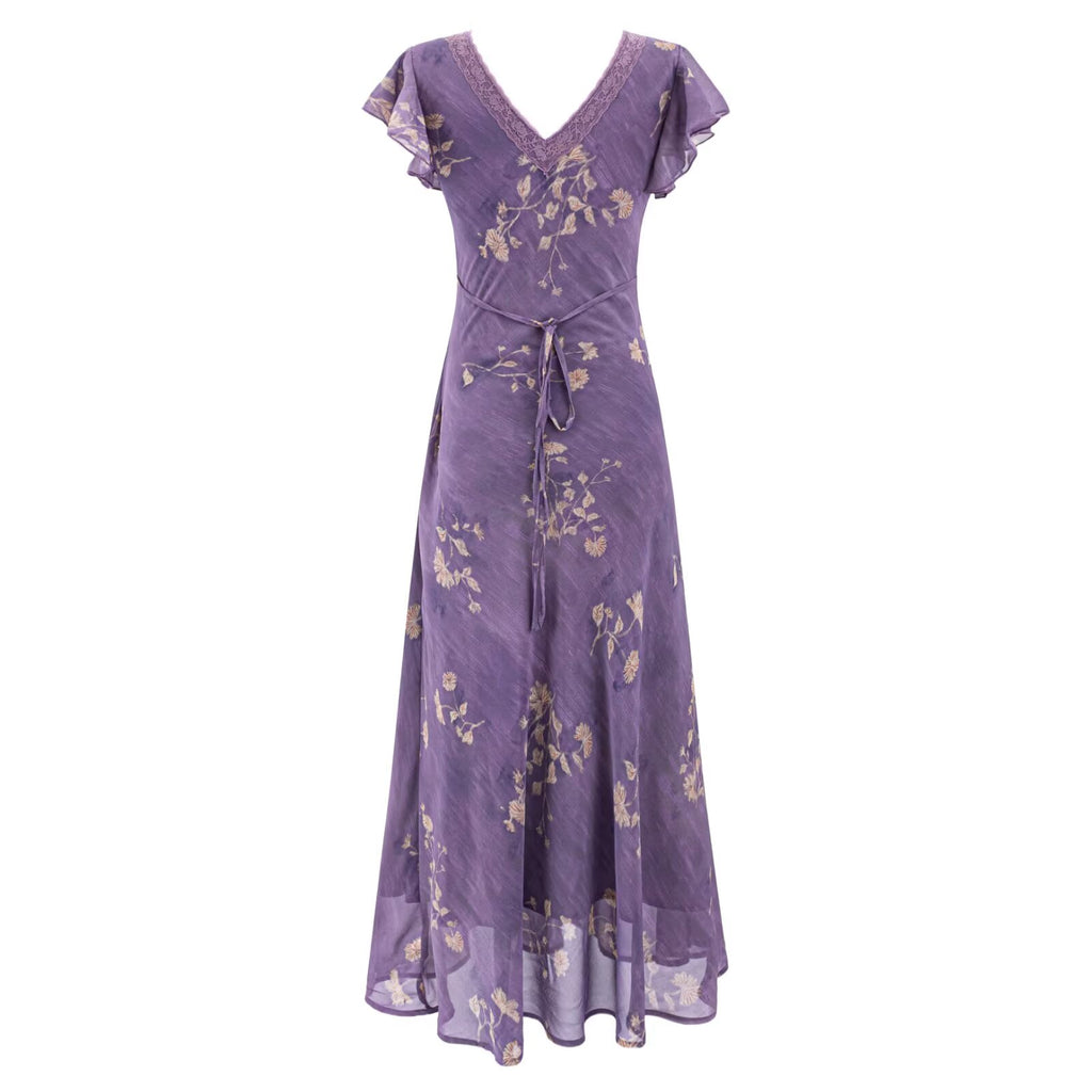 Purple lace floral midi dress with V-neck, ruffled sleeves, and waist tie
