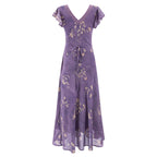 Purple lace floral midi dress with V-neck, ruffled sleeves, and waist tie