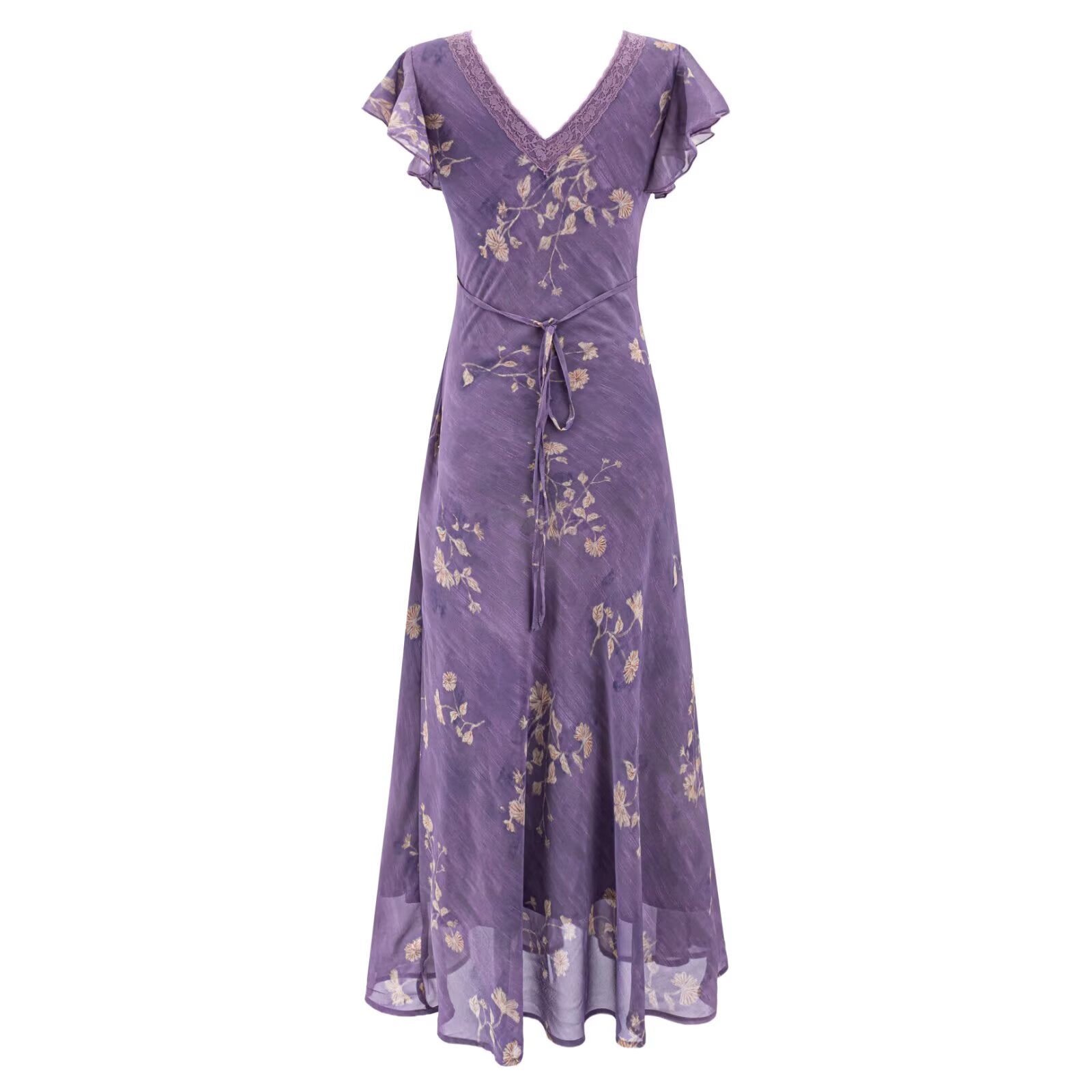 Purple lace floral midi dress with V-neck, ruffled sleeves, and waist tie